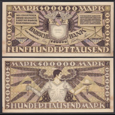 Baden 500.000 500000 Mark 1923 Länderbanknote Ro BAD10 Serie J (26994