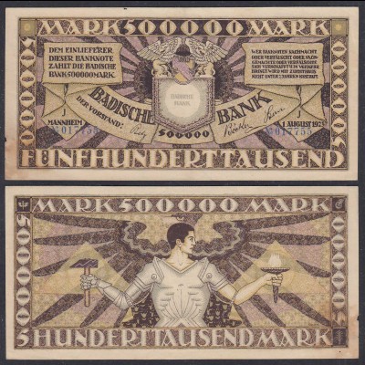 Baden 500.000 500000 Mark 1923 Länderbanknote Ro BAD10 Serie J (26996