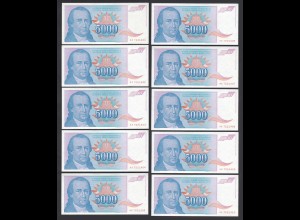JUGOSLAWIEN - YUGOSLAVIA 10 Stück á 5000 Dinara 1994 Pick 141 aUNC (1-) (89121