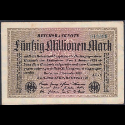 Reichsbanknote - 50 Millionen Mark 1923 Ro 108f VF (3) FZ A Sigma AΣ-6 (27223