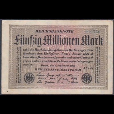 Reichsbanknote - 50 Millionen Mark 1923 Ro 108f VF- (3-) FZ A Sigma AΣ-57 (27225