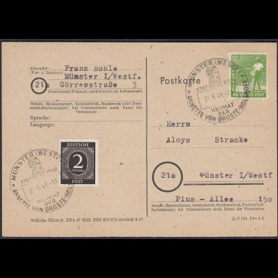 ANNETTE VON DROSTE HÜLSHOFF SST 1948 Münster Westfalen auf Postkarte (27202