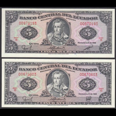 Ecuador 2 x 5 Sucres Banknoten 1988 verschiedene Unterschriften UNC (1) (23566