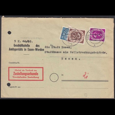 BRD BUND Zustellungsurkunde 1954 mit Mi.135+125 Posthorn 60 + 5 Pfennig (23550