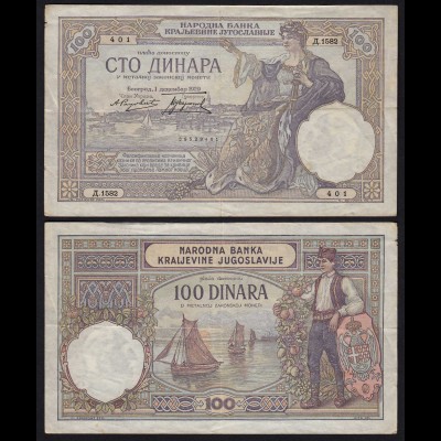 JUGOSLAWIEN - YUGOSLAVIA - 100 Dinara Banknote 1929 Pick 27b fast VF (3) (21256