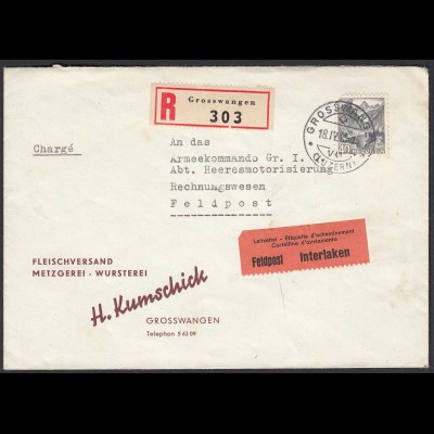 Schweiz 1945 R-Brief FELDPOST aus GRSSWANGEN an Armeekommando Gr. I. (23753