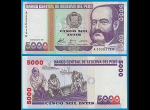 Peru 5000 Intis Banknoten 1988 Pick 137 AU (1-) (18714