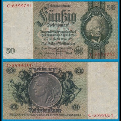 REICHSBANKNOTE 50 Reichsmark 1933 Ro 175a Pick 182 VF Serie H/C (18574