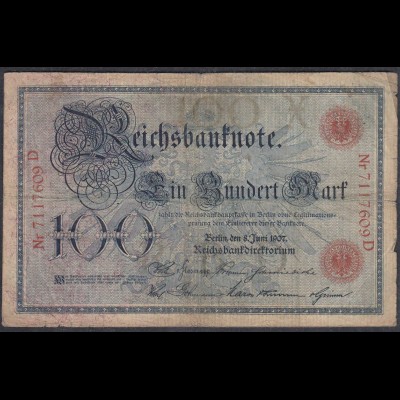 Reichsbanknote 100 Mark 1907 Ro.30 - Pick 30 Serie D UDR X gebraucht (27308