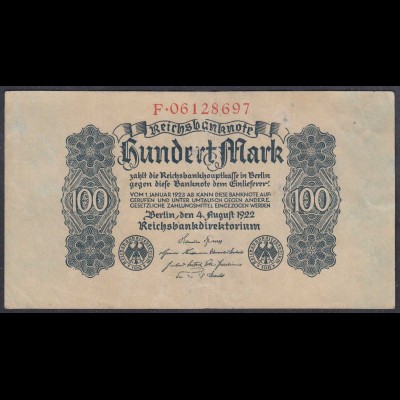 Reichsbanknote 100 Mark 1922 Ro.72 - Pick 75 VF (3) Serie F (27309