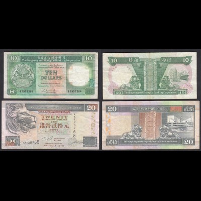 Hongkong - 10 Dollar 1986 + 20 Dollar 1993 VF (3) Pick 191 + 201 (27287