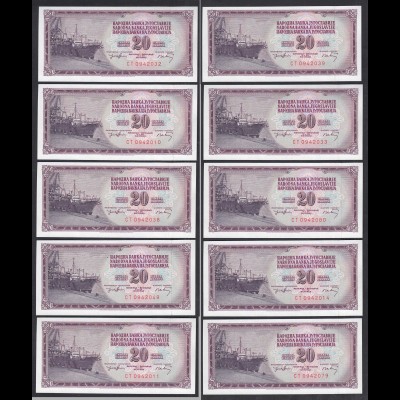 JUGOSLAWIEN - YUGOSLAVIA 10 Stück á 20 Dinara 1974 Pick 85 UNC (1) (89144
