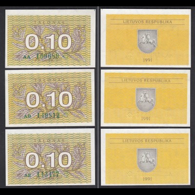 Litauen - Lithunia 3 x 0,10 Talonas 1991 Serie AA,AD,AE grün Pick 29a UNC (1)