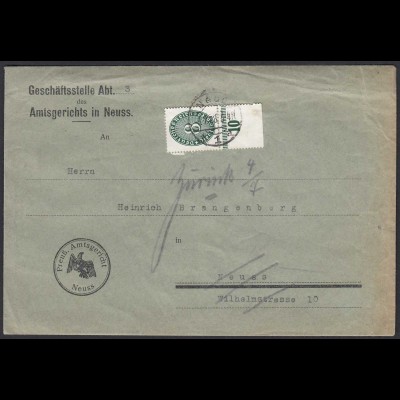 NEUSS 1928 Mi.116 EF Unterrand Gerichtsbrief Ortsumschlag Dienstbrief (21704