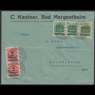 Infla Brief 1923 MIF Kanter Bad Mergentheim n. Ringelheim (21674