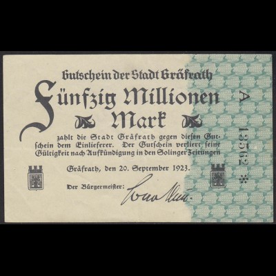 1923 Gräfrath 50 Millionen mark Serie A Starnote Gutschein Notgeld blaugrün Udr