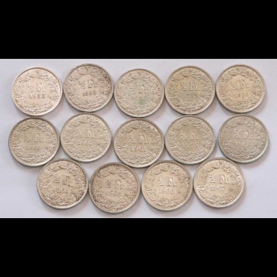 Schweiz Switzerland 14 Stück á 1/2 Fr. Silber aus 1953 - 1967 (24498