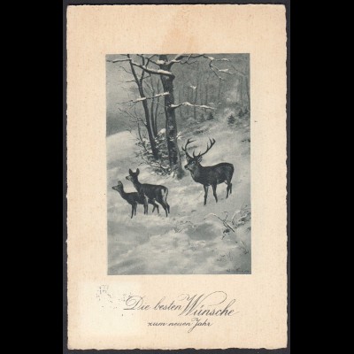 AK Wünsche zum neuen Jahr Winter Hirsche Jagd 1929 (65219