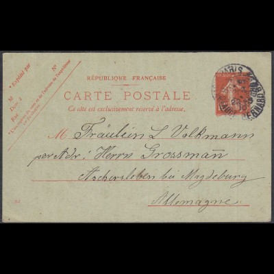 Frankreich-France 10 C. Ganzsache Säerin 1910 Paris nach Aschersleben (27843