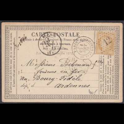 Frankreich - France 1873 Postkarte 15 C. Paris nach Bourg-Fidèle (27857