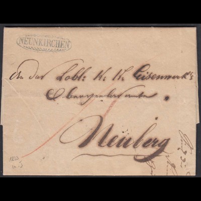 Österreich - Austria 1833 Vorphila NEUNKIRCHEN nach NEUBERG mit Inhalt (27865
