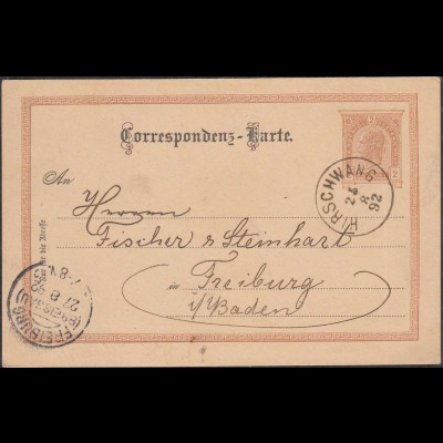 Österreich - Austria 1892 Ganzsache Hirschwang nach Freiburg (27885
