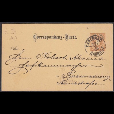 Austria/Tschechoslowakei Ganzsache Correspondenz-Karte KARLSBAD-BAHNHOF 1889