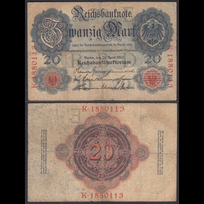 20 Mark 1910 Ro. 41 Wasserzeichen F/VF (3/4) E/K (27902