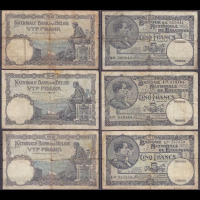 Belgien - Belgium 3 Stück á 5 Francs 1929,1930,1931 Pick 97b (13314