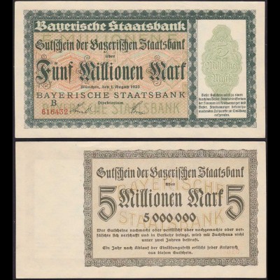 Bayern - 5 Millionen Mark Banknote Staatsbank Notgeld 1-8-1923 aUNC (1-) (13175