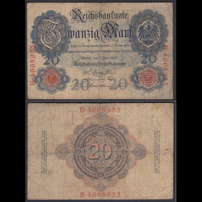 Reichsbanknote 20 Mark 1907 UDR T Serie B Ro 28 Pick 28 F- (4-) (28272
