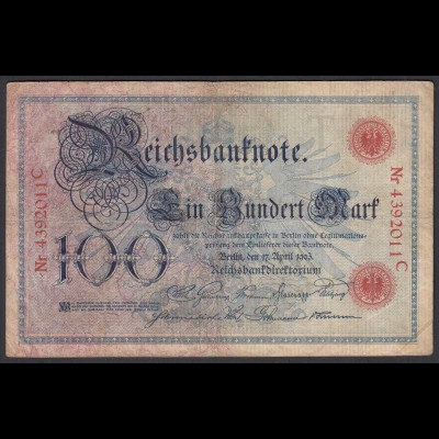 Reichsbanknote 100 Mark 1903 UDR T Serie C Ro 20 Pick 22 F (4) (28278