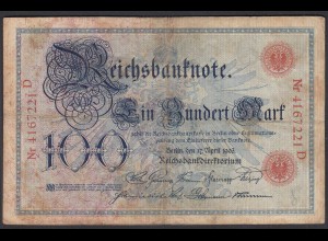 Reichsbanknote 100 Mark 1903 UDR G Serie D Ro 20 Pick 22 F (4) (28279