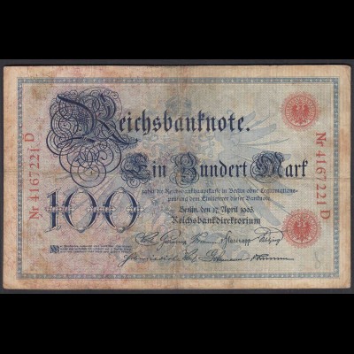 Reichsbanknote 100 Mark 1903 UDR G Serie D Ro 20 Pick 22 F (4) (28279