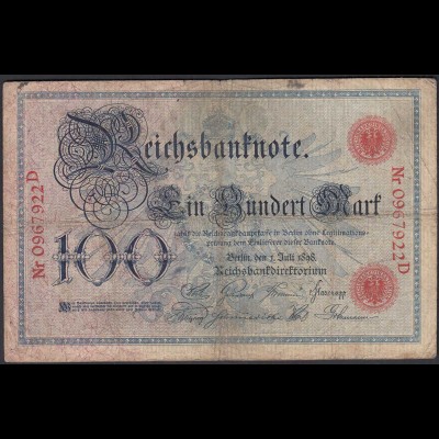 Reichsbanknote 100 Mark 1898 Ro 17 Pick 20 UDR nicht erkennbar Serie D - VG (5)