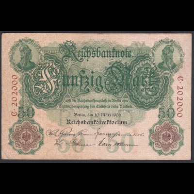 Reichsbanknote 50 Mark 1906 Ro 25a Pick 26 Y/C / F (4) Nummer !! (28303