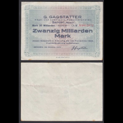 Senden (Bayern) 20 Milliarden Mark 1923 Notgeld Säge- und Hobelwerk (28334