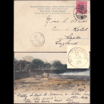 Indien - India 1905 Schiffspost AK POONA River & Bund Gardens - Leeds (28450