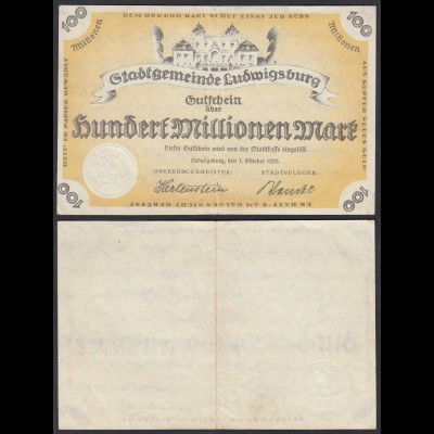 Ludwigsburg 100 Million Mark 1923 Stadtgemeinde Gutschein Notgeld (28567