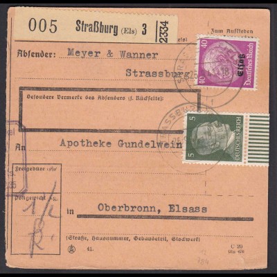 D.Besetzung 2.WK Elsass Strassburg 1941 40 Pfg.mit Mi.12 n.Oberbronn Paketkarte