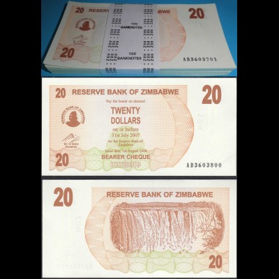 Simbabwe Zimbabwe 20 Dollars 2006 UNC P 40 UNC (1) Bundle á 100 Stück Dealer Lot