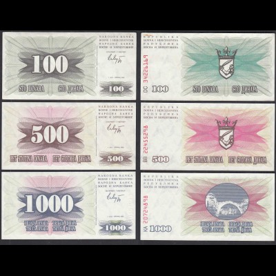 Bosnien Herzegowina - 100,500,1000 Dinara 1992 100 D. XF (2) 500 + 1000 UNC (1)