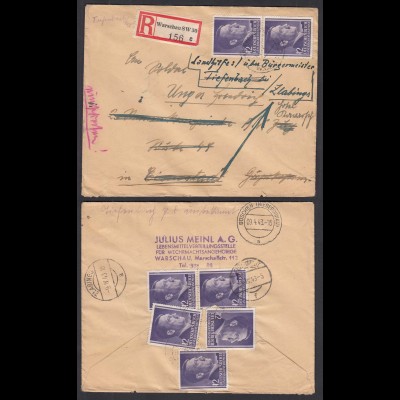 Generalgouvernement 1943 R-Brief aus Warschau SW30 mit Nachsendungen (28750