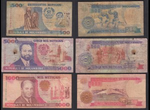 MOSAMBIK - MOZAMBIQUE 3 Stück Banknoten 500,1000,5000 M. 1991 stark gebraucht