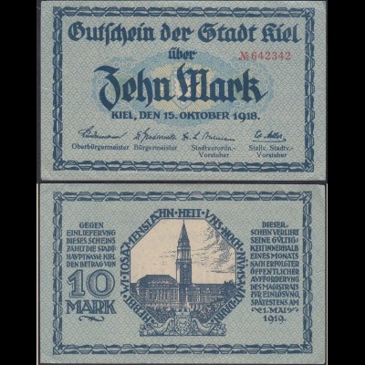 GERMANY - KIEL 10 Mark NOTGELD 1918 AU (13325