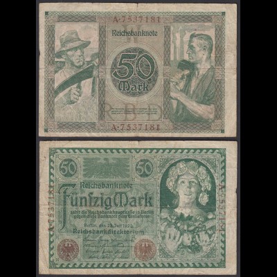 Reichsbanknote 50 Mark 1920 Ro 66 Pick 68 F/VG (4/5) Udr W Serie: A (29032