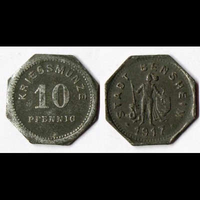 Bensheim 10 Pfennig 1917 Kriegsgeld Notgeld Münze Zink Funck 34.3 (r896