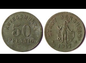 Bensheim 50 Pfennig 1917 Kriegsmünzr Notgeld Münze Zink Funck 34.4 (R905