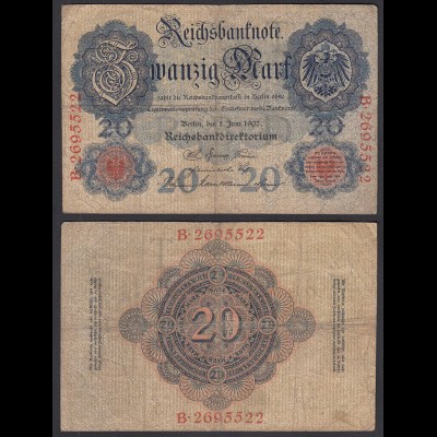 Reichsbanknote 20 Mark 1907 UDR T Serie B Ro 28 Pick 28 VG (5) (29132