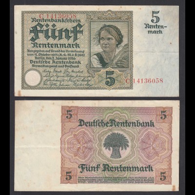 Rentenbankschein 5 Rentenmark 1926 Ro 164b F/VF Serie C (29177